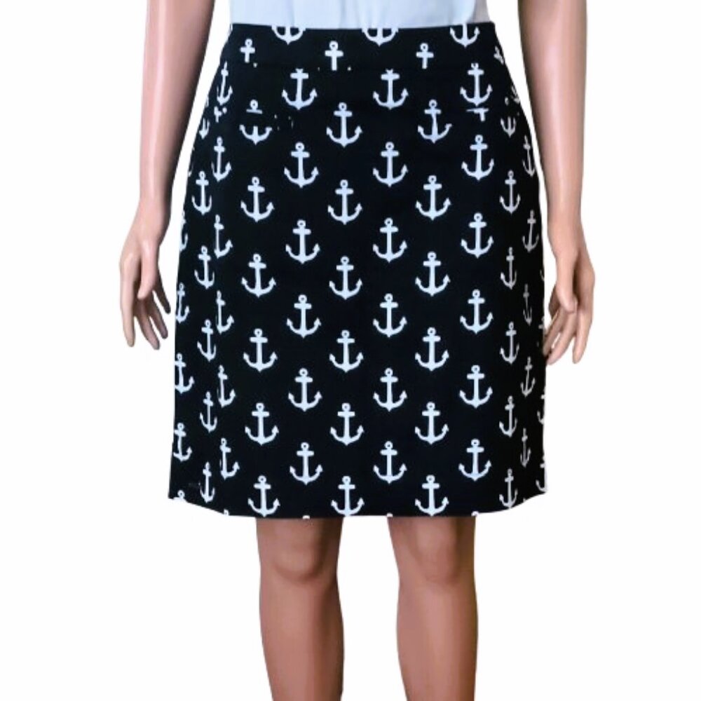 Women's Nautical Anchor Print Skirt 8 Navy White Cotton Front Pockets Lined